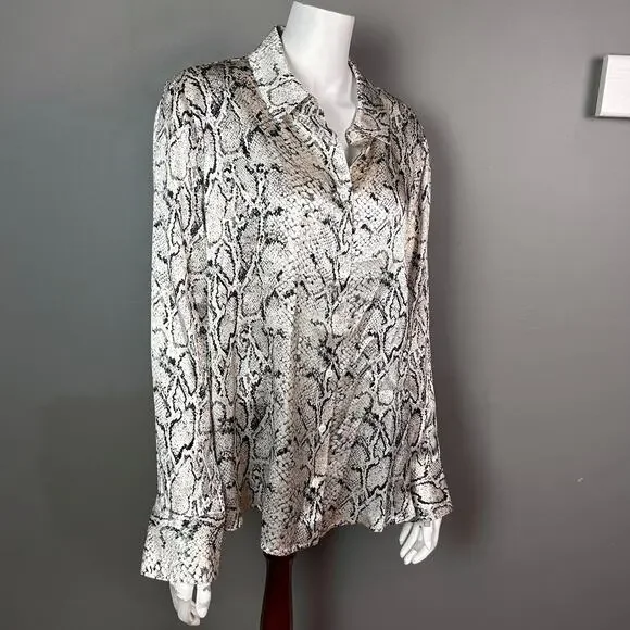 Reformation top blouse, XL silk button up long sleeve snake print new cream - Picture 2 of 9